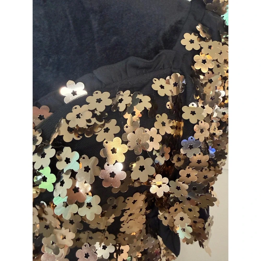 BuddyLove Gold Sequin Flower Mini Dress Black Puff Sleeve Party NWT Size Medium - Picture 3 of 7